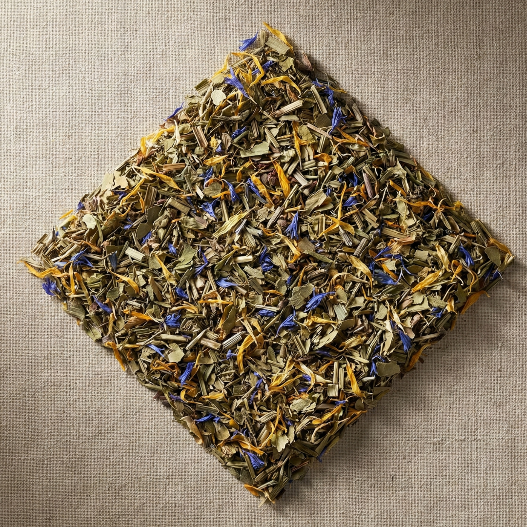 Dry herbs and flowers arranged in a diamond shape on a textured beige surface