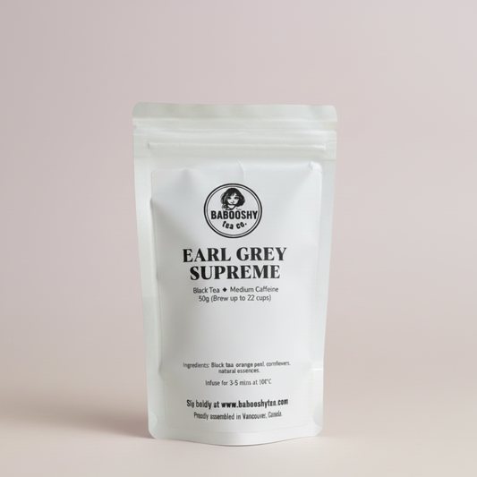 Tea bag packaging labeled 'Earl Grey Supreme' by Babooshy Tea Co 