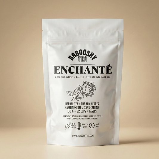 Baboochy Tea Enchante package on a beige background