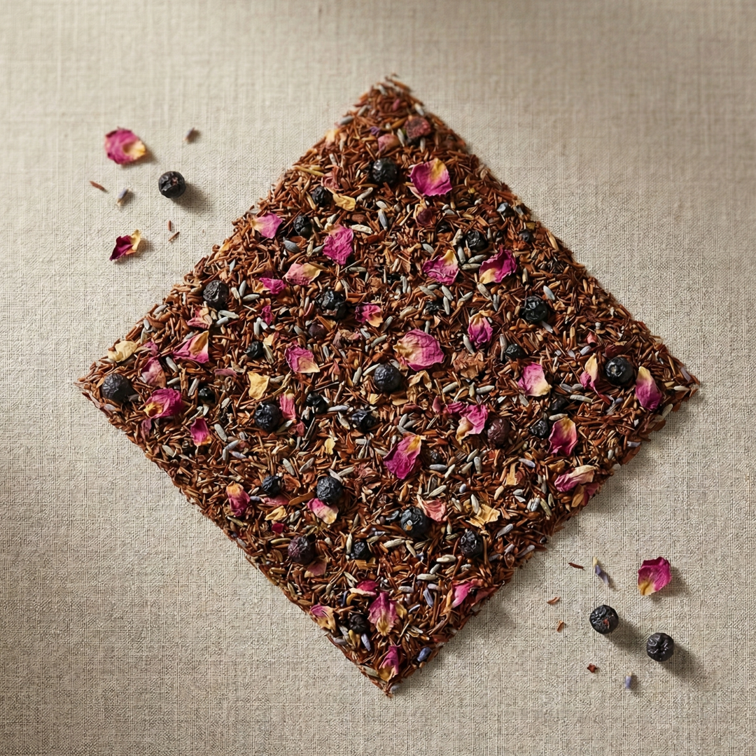 Square of dried tea leaves (rooibos blend) with flowers and berries on a textured beige background