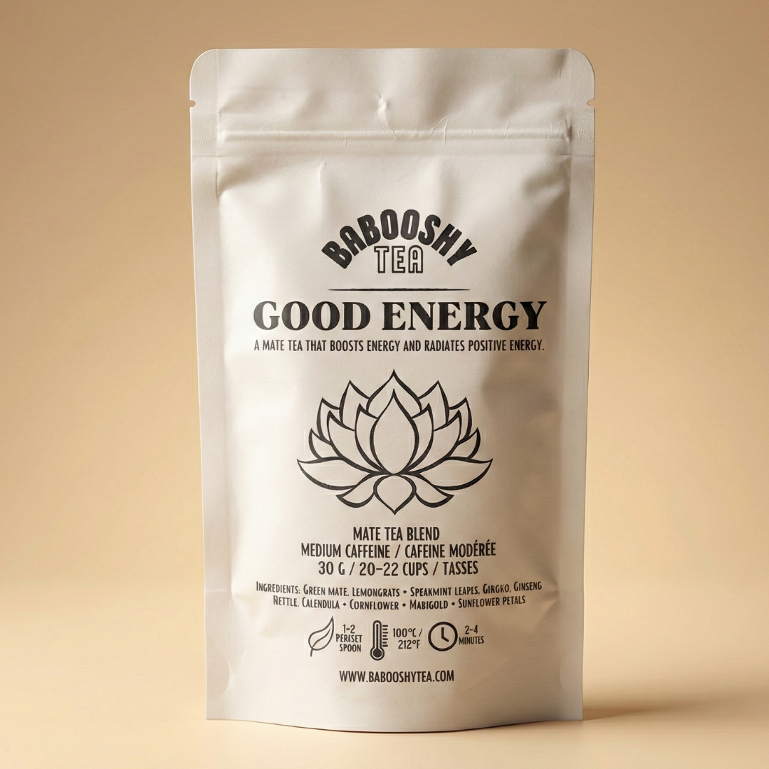 Tea package with 'Babooshy Tea Good Energy' on a beige background