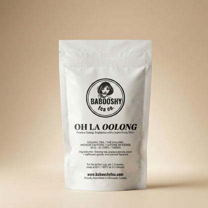 Babooshy tea co. Oh La Oolong tea package on a beige background
