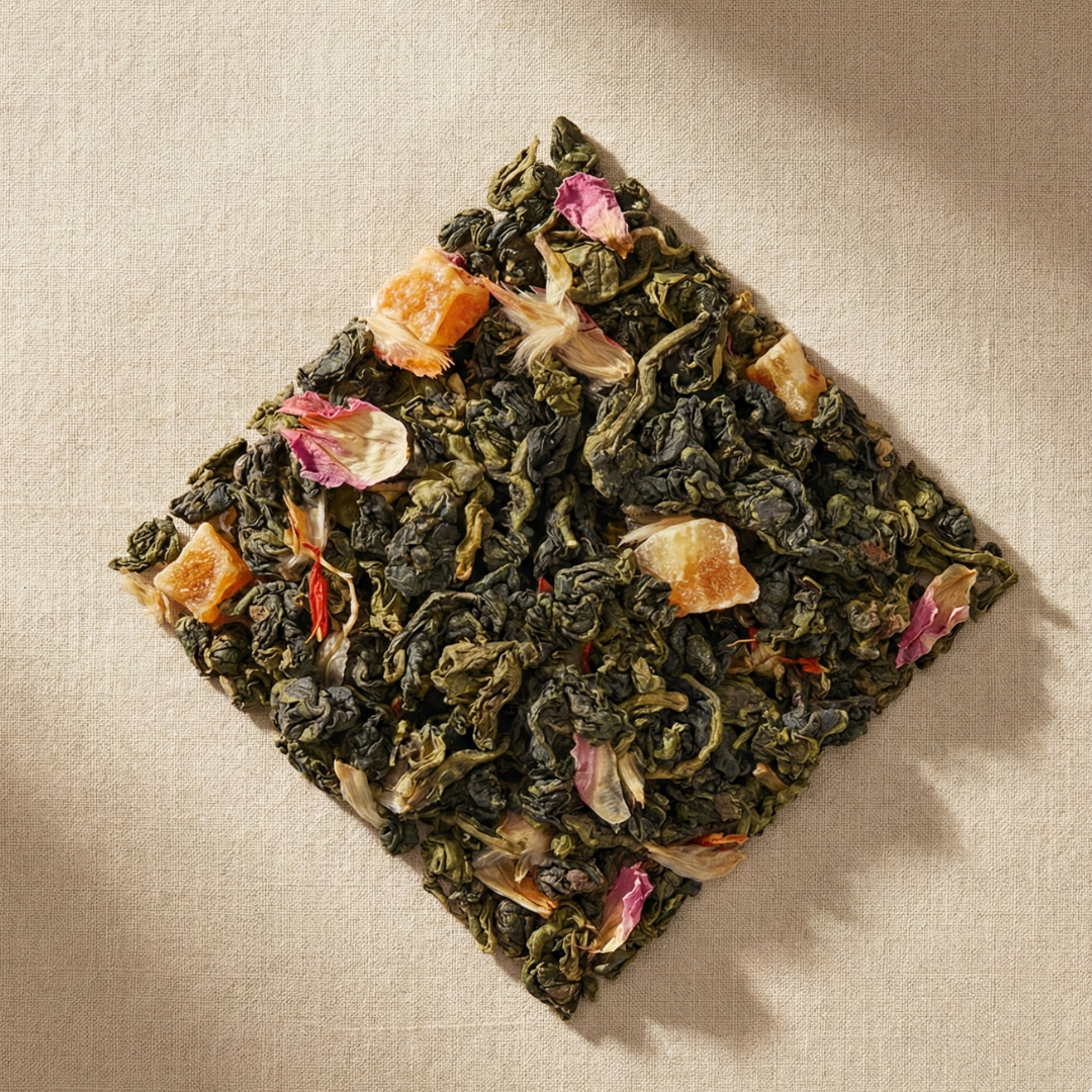 Tea leaves (oolong tea) with floral and fruit pieces on a textured beige surface