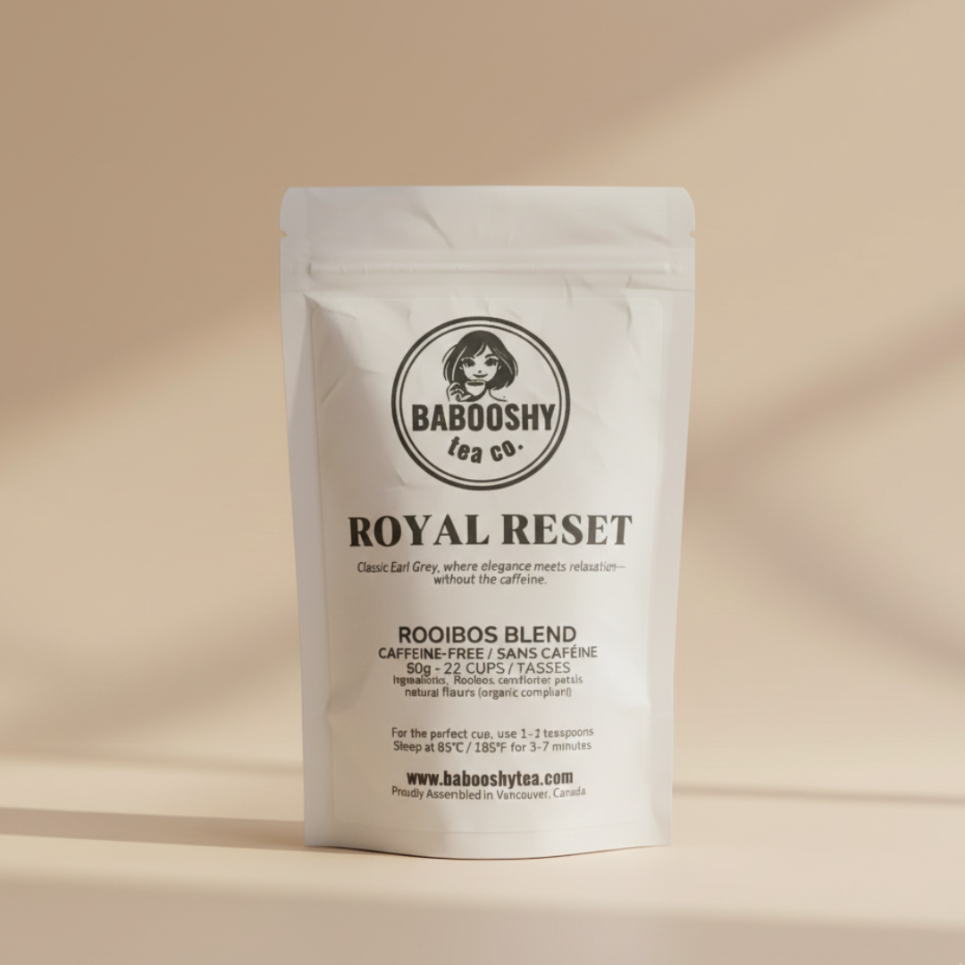 Babooshy Tea Co. Royal Reset rooibos blend package on a beige background