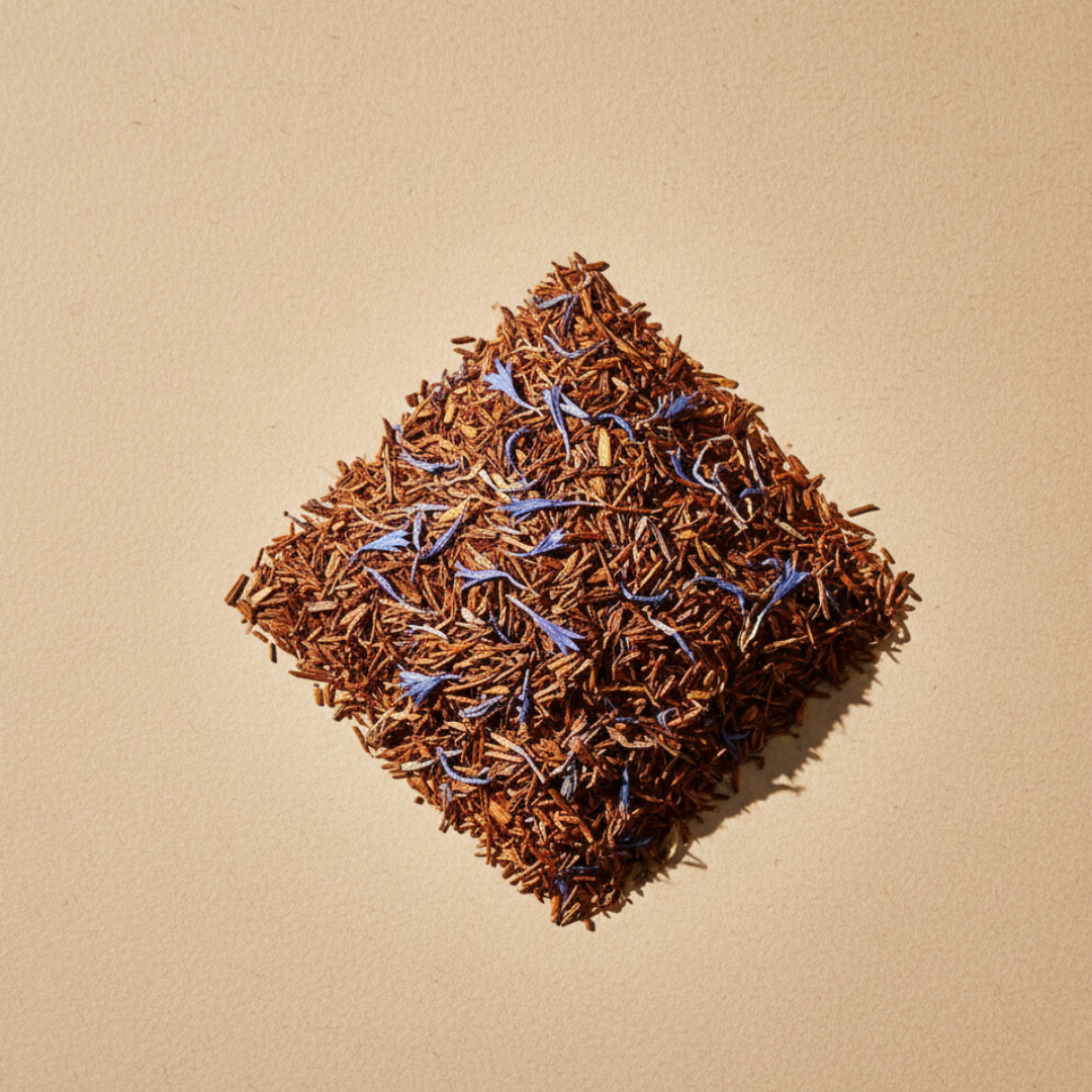 Rooibos blend with blue flowers on a beige background