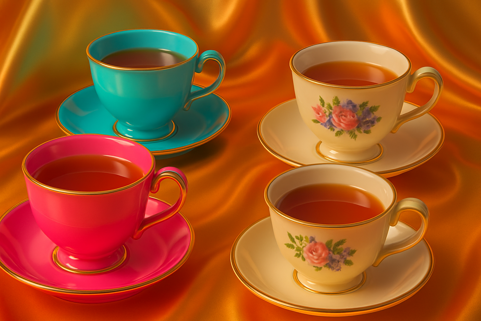 Four colorful teacups with floral designs on a satin background